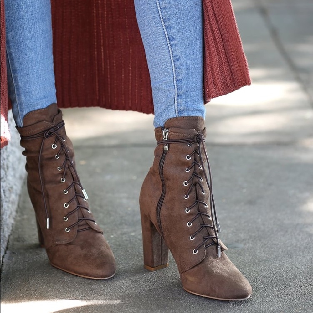 Taupe Suede Lace-Up Mid-Calf Booties